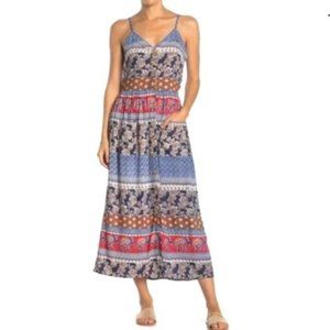 Boho Blue Floral Patch Pocket Midi Dress